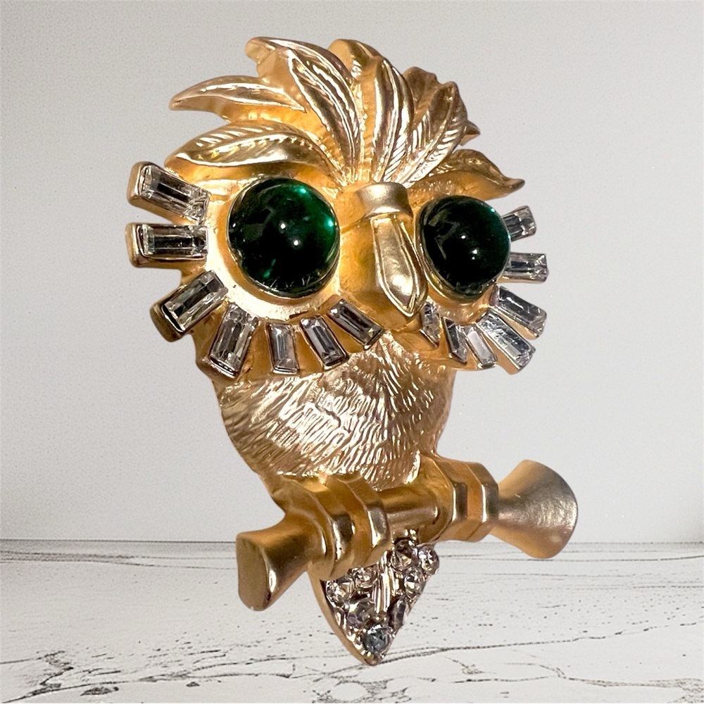 Gold Owl Brooches with Green Eyes